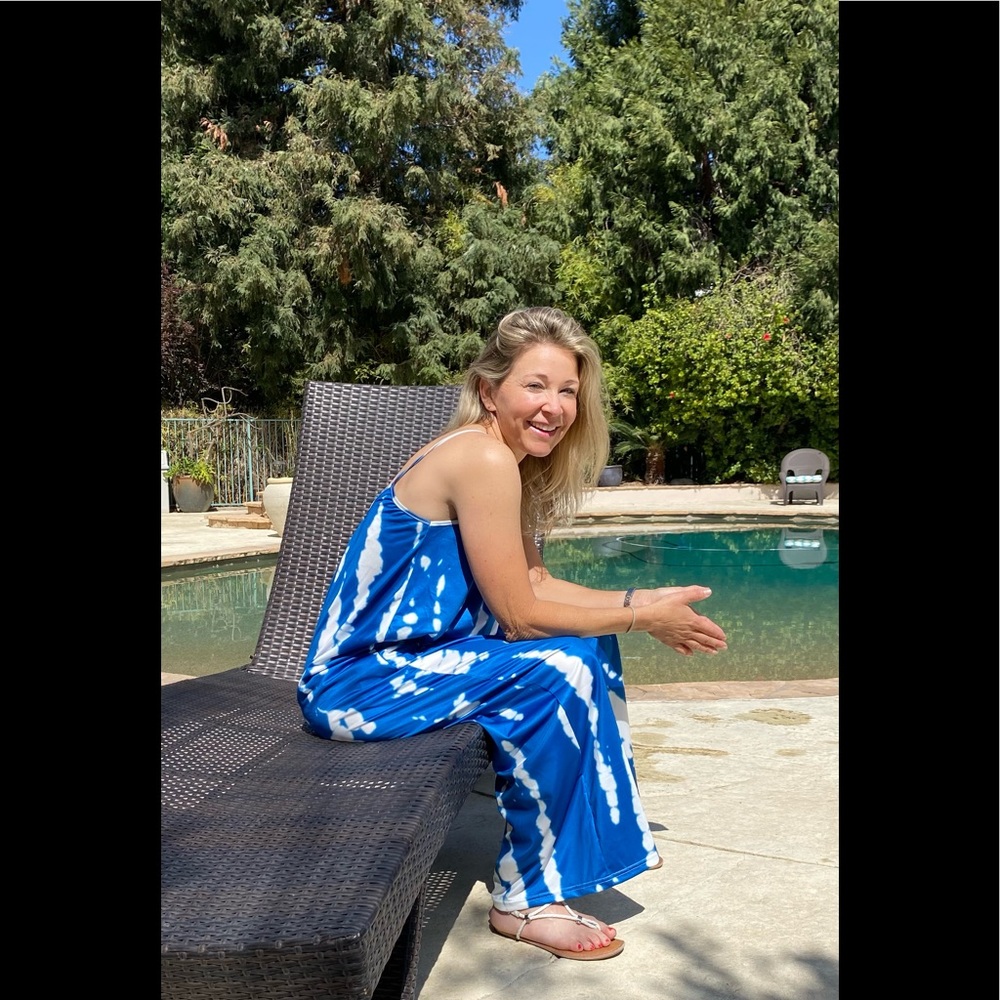 Overalls Jumpsuit Romper Oversized Tie Dye Boho Jumpsuit Bright Blue/White - Picture 7 of 17